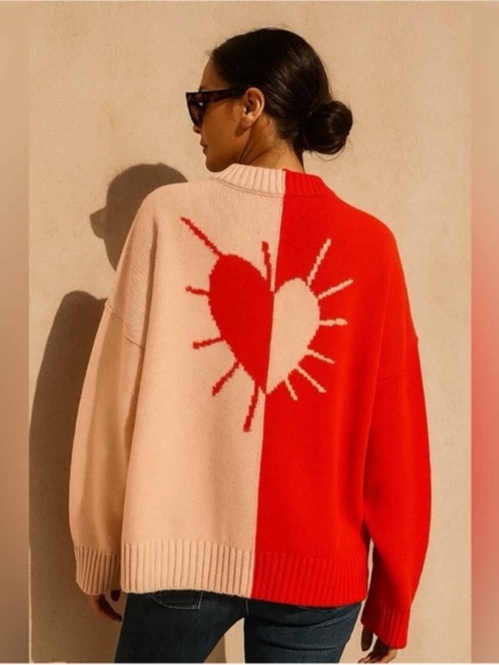 Kerri Rosenthal Anthropologie Radiant Heart Colorblock V Neck Sweater Red Pink